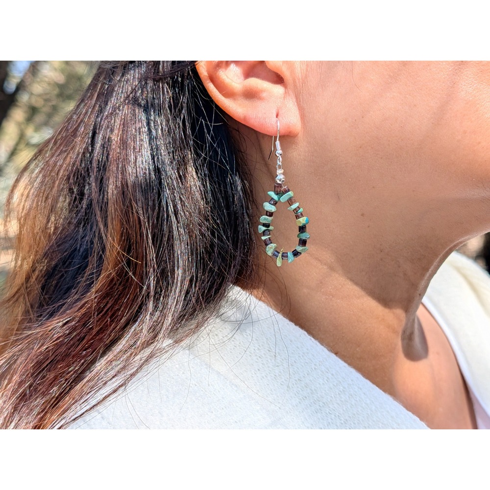 Navajo Chip Turquoise & Heishi Loop Earrings Teardrop Dangle | Silver Plated**